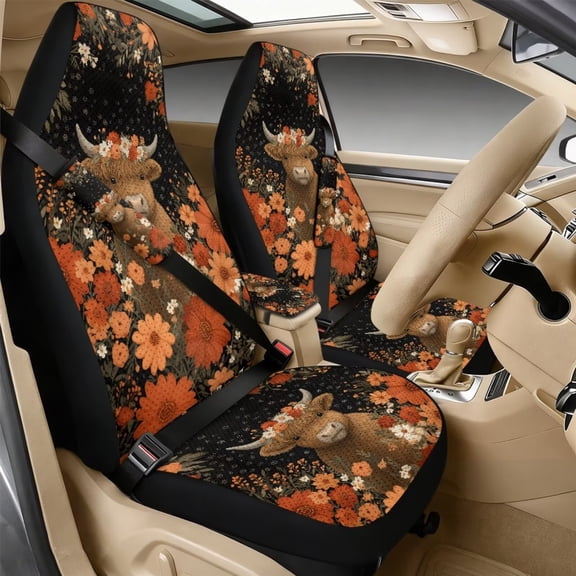 Xixirimido Highland Cattle Boho Floral Print Car Seat Covers for Front Seats 5Pcs Car Accessories with Seat Belt Covers & Center Console Cover Universal Fit for SUVs,Vans,Trucks,Sedans