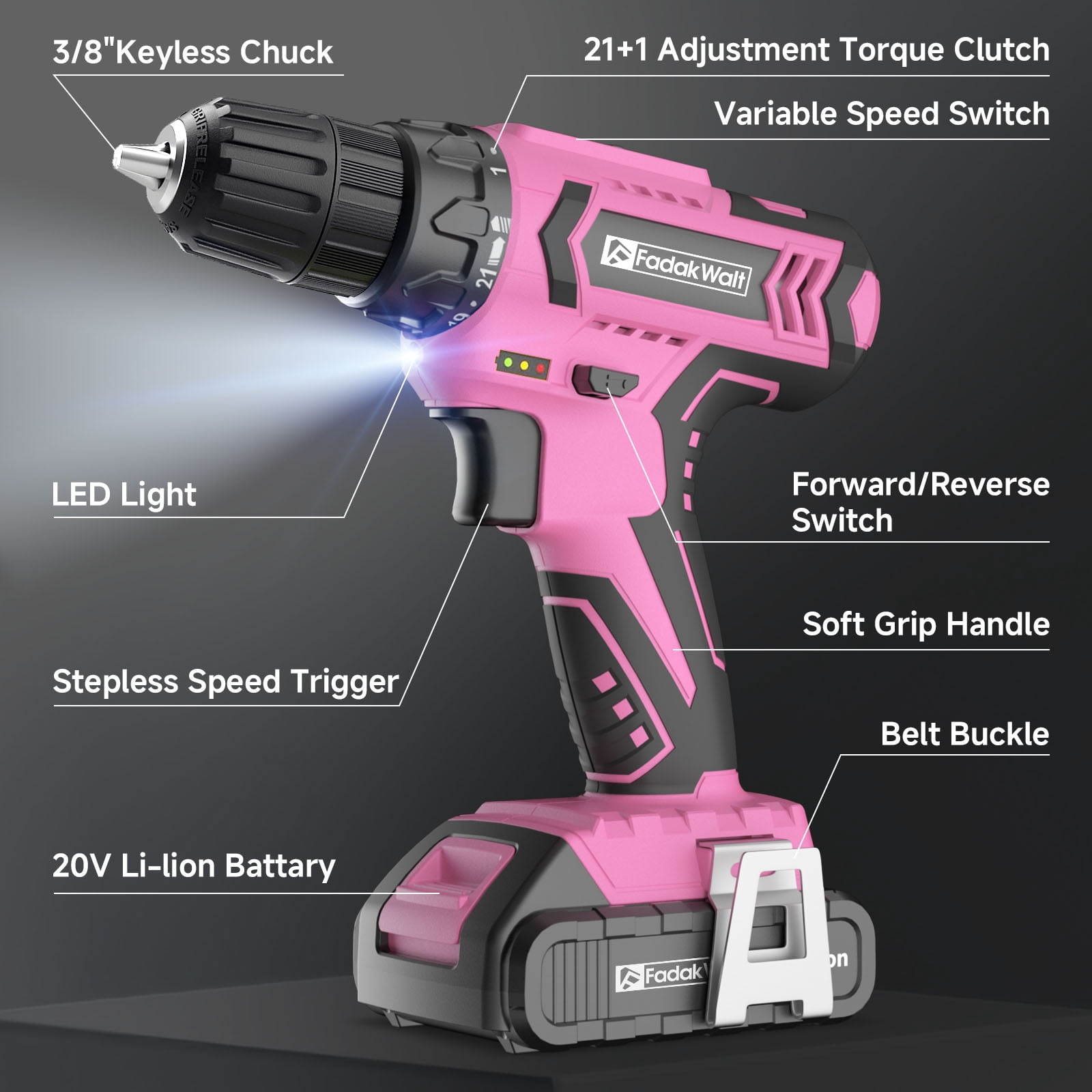 20V MAX Cordless Drill Set with Battery & Charger, 280 in-lbs Power Drill Kit, 2-Speed (0-1400 RPM), 21+1 Torque, 3/8" Keyless Chuck, 30pc Drill/Driver Bits, LED Light for Wood/Metal/Concrete(Pink)