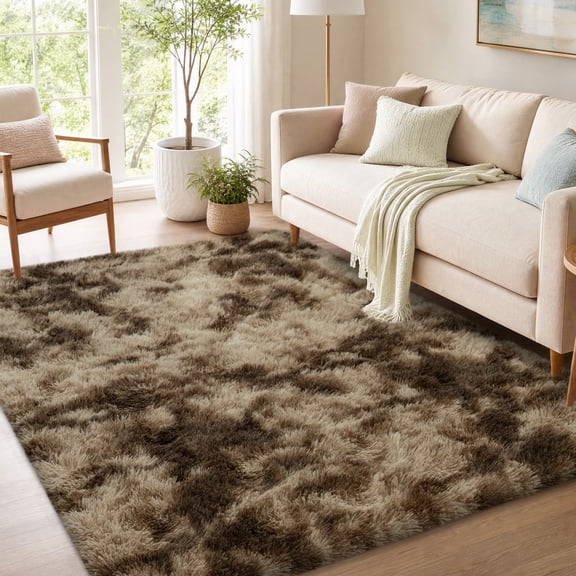 ASPILLOW Area Rugs, 4x6ft Fluffy Shag Rug for Kids Room Bedroom, Sorf Non-Slip Carpet, Tie-Dyed Coffee