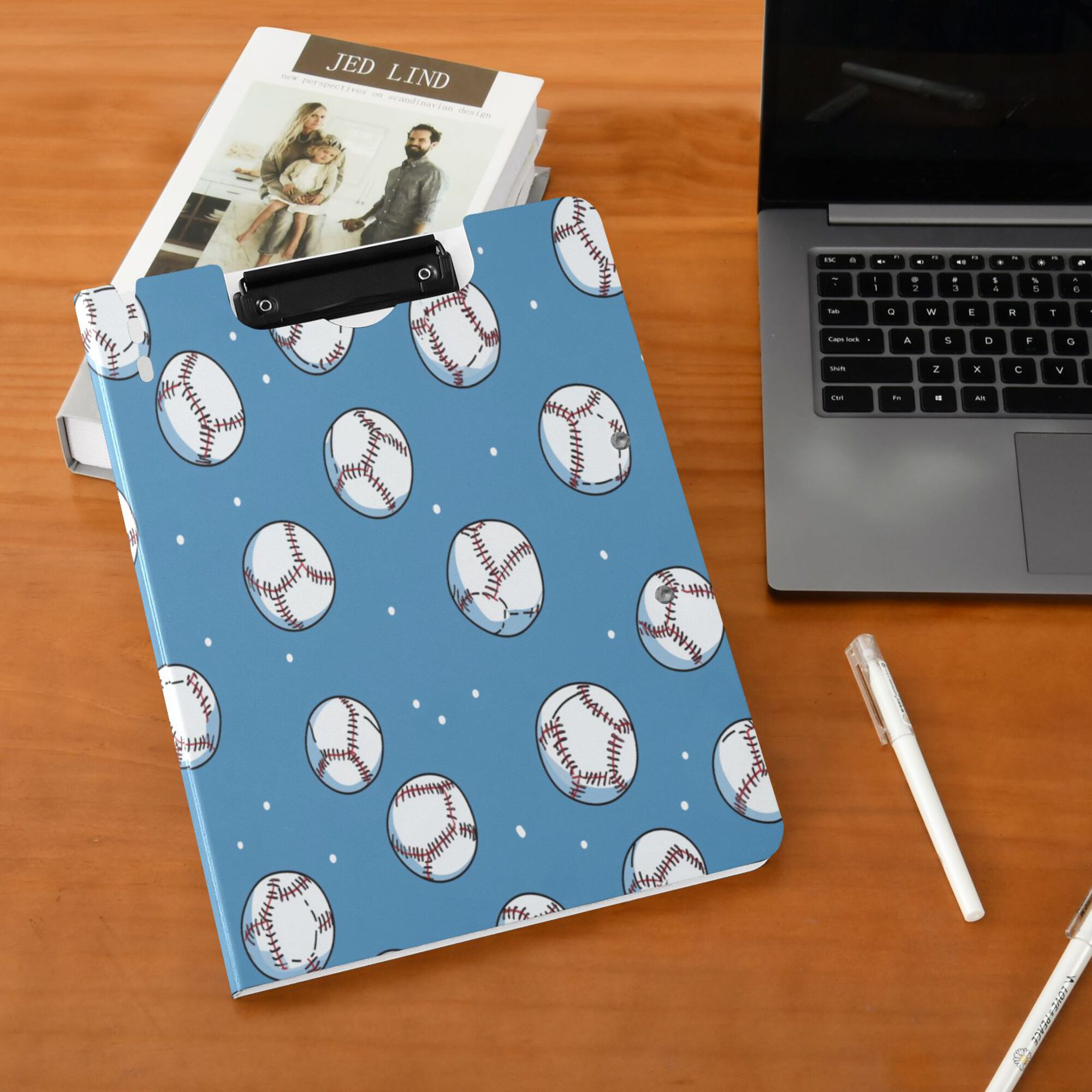 FORMRS A4 Clipboard Folder with Pen Holder Horizontal Foldable School Office Binder, Baseballs Pattern