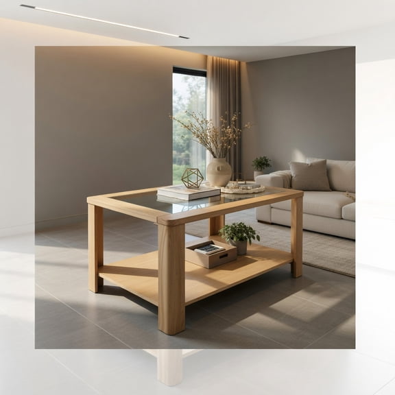 Resenkos Coffee Table,Center Table, Modern Sofa Table Tea Table,2-Tier Coffee Table Rectangular Center Table with Tempered Glass Tabletop and Storage Shelf-Natural