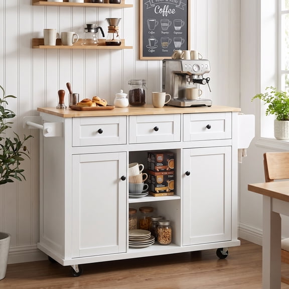 Homy Casa 53" Farmhouse Kitchen Island Cart with Drop Leaf, Drawers, Adjustable Shelves and Wheels, White