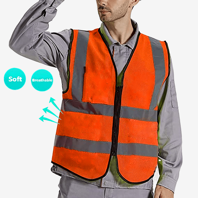AWLYLNLL High Visibility Safety Vest for Men Women, Construction Vest with  Reflective Strips and Zipper Front, Neon Orange, Medium