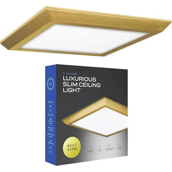 Next Glow Ultra Slim 7" LED Ceiling Light Fixture, 4000K Square, Dimmable Flush Mount Light, Brass