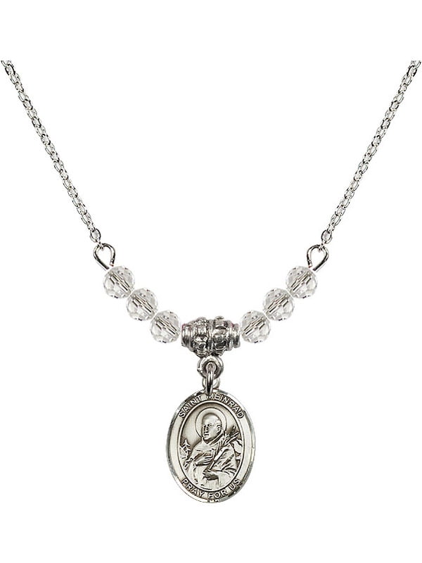 18-Inch Rhodium Plated Necklace with 4mm Light Amethyst Birthstone Beads and Sterling Silver Saint Meinrad of Einsiedeln Charm.