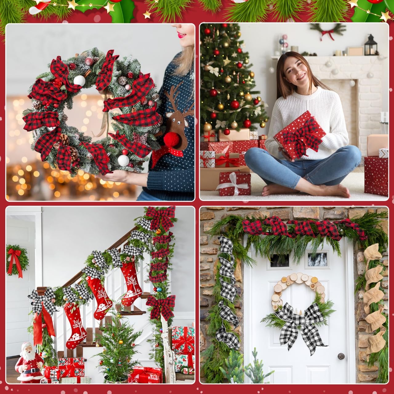 2 Rolls Christmas Tree Ribbon Garland Buffalo Plaid Christmas Decorations, Buffalo Check Fabric Tree Ribbon Garland for Xmas Holiday Home Decor(White & Black, 2.45in x 26.9ft)