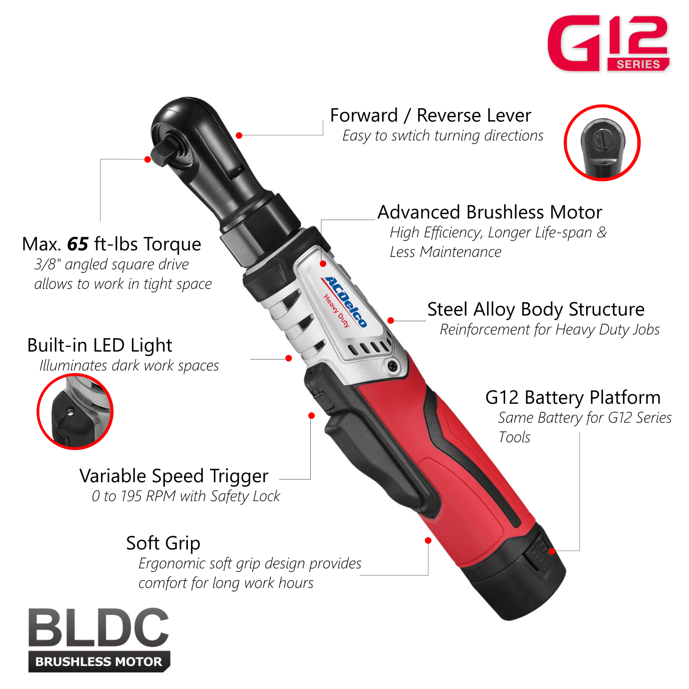 ACDelco ARW12103-K13 G12 Series 12V Cordless Li-ion 3" Mini Polisher, 3/8" Impact Wrench & Brushless Ratchet Wrench Combo Tool Kit with 2 Batteries