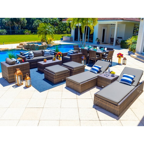 Sorrento 18-Piece Resin Wicker Outdoor Patio Furniture Combination Set in Brown w/ Sofa Set, Eight-seat Dining Set, and Chaise Lounge Set (Flat-Weave Brown Wicker, Sunbrella Canvas Charcoal)
