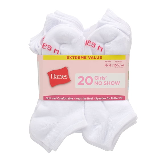 Hanes Girls' No Show Socks, Super Value Pack, 20-Pairs White S