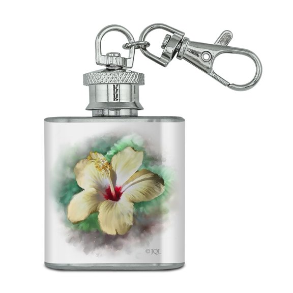 Tropical Yellow Hibiscus Flower Hawaiian Vacation Stainless Steel 1oz Mini Flask Key Chain