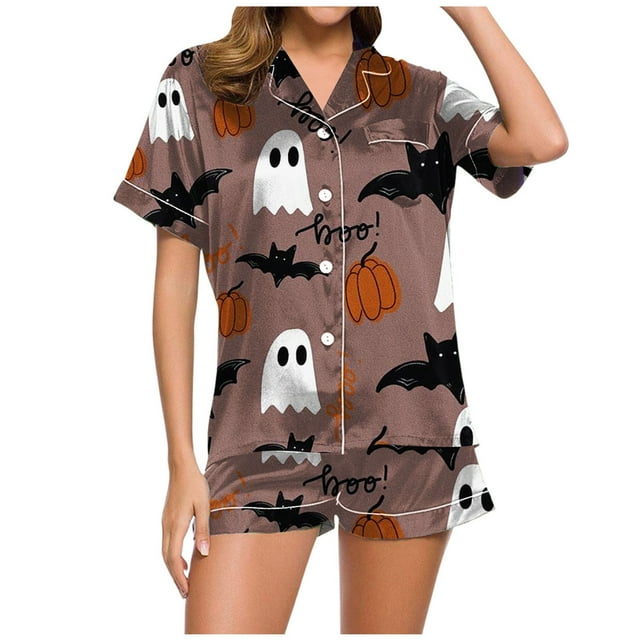 Fgnfyis Ensemble de Pyjama Décontracté Imprimé pour Femmes et Shorts Pyjama d'Halloween Femmes Coffee_001 S