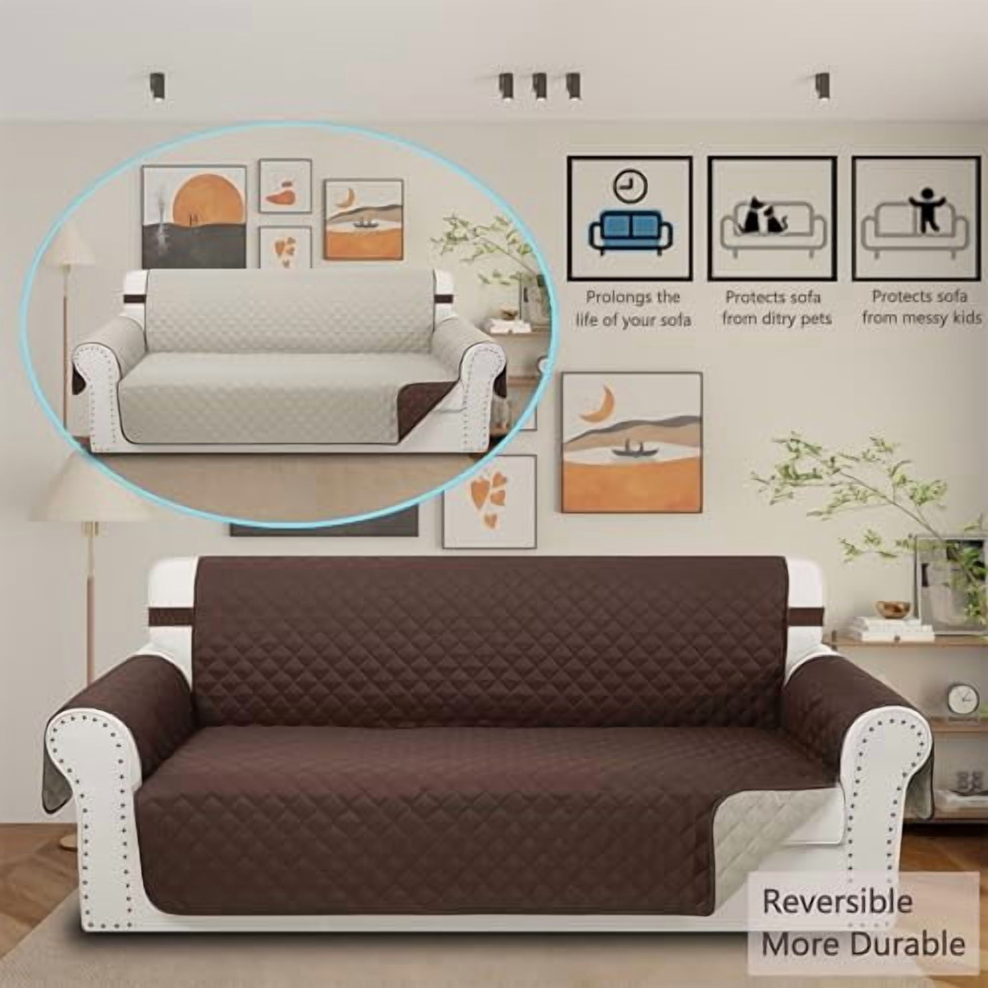 Reversible Couch Cover for 3 Cushion Sofa, Soft Furniture Protector with Elastic Straps, Pet Friendly, Machine Washable, Water Resistant Design, Chocolate/Beige