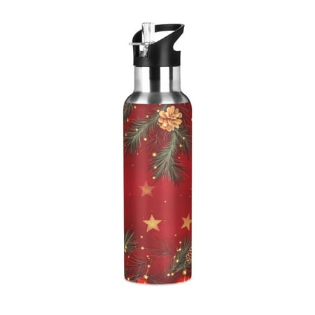 

600/1000ML Stainless Steel Sport Water Bottle with Straw Lid Leak Proof Vacuum Insulated Mug for Outdoor Activities Cycling Running & Walking Pine Branchesand Stars