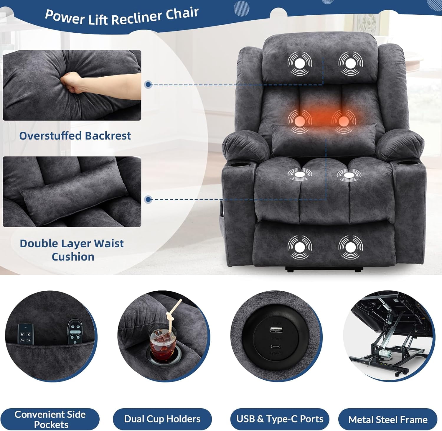 Large Dual Motor Lay Flat Power Lift Recliner Chair with Extended Footrest, Heat Massage, Oversized Electric Recliner for Big Tall Elderly, Lumbar Pillow, USB & Type-C Ports, Plush Gray