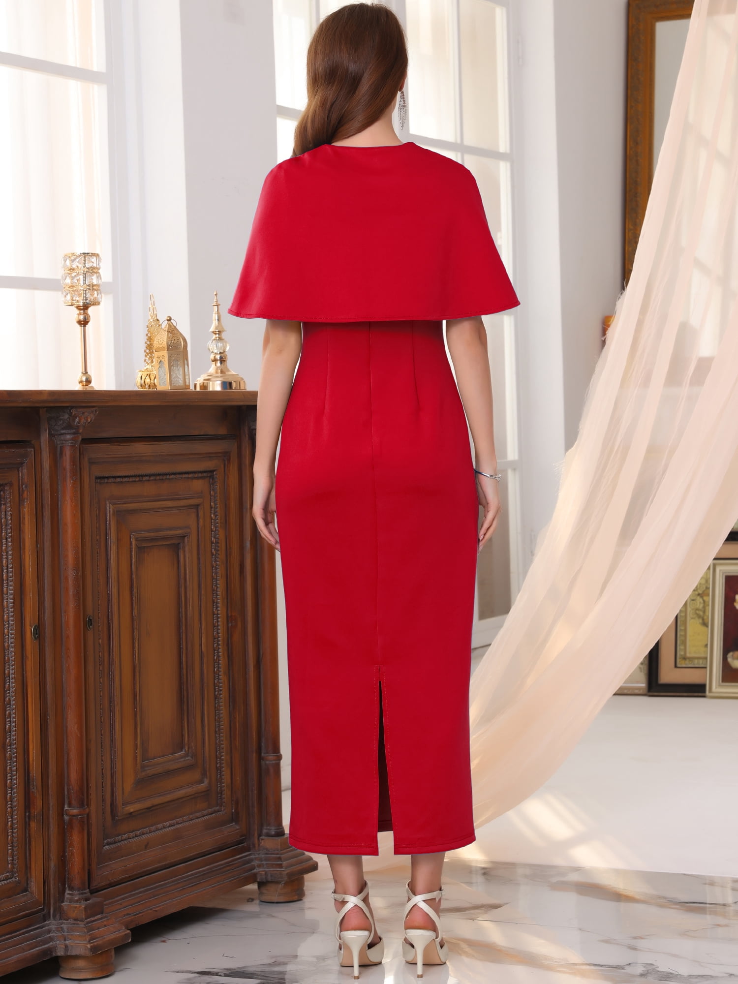 DARING DIVA Women's Cocktail Wedding Guest Dress with Cape M Red
