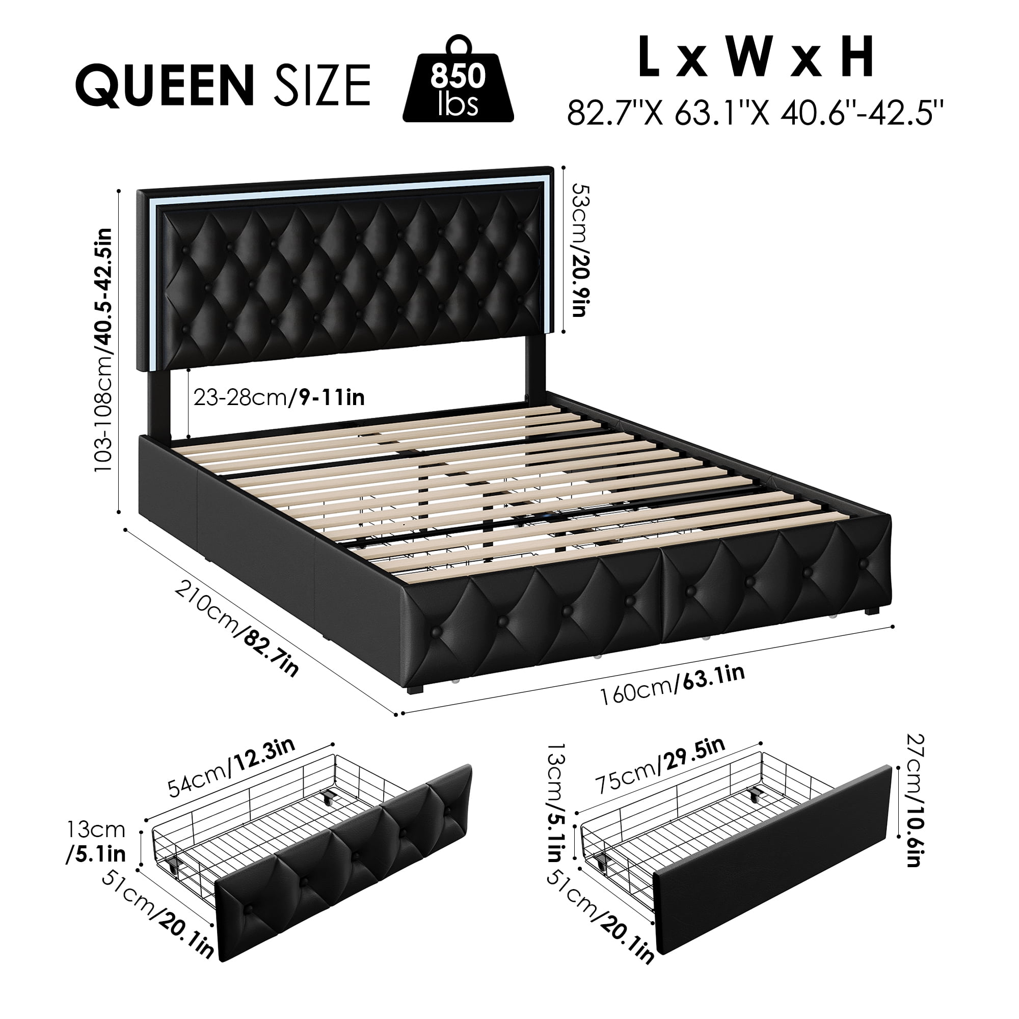 Homfa Queen LED Bed with 4 Drawers, LED Lights Platform Storage Bed Frame with Upholstered Adjustable Button Tufted Headboard, PU Black