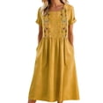 thumbnail image 3 of XUNKUSGA Summer Dress Fashion Floral Embroidered Traditional Womens Dresses Soft Cotton Linen Crewneck Short Sleeve Boho Dresses for Party Vocation,Yellow,S, 3 of 9