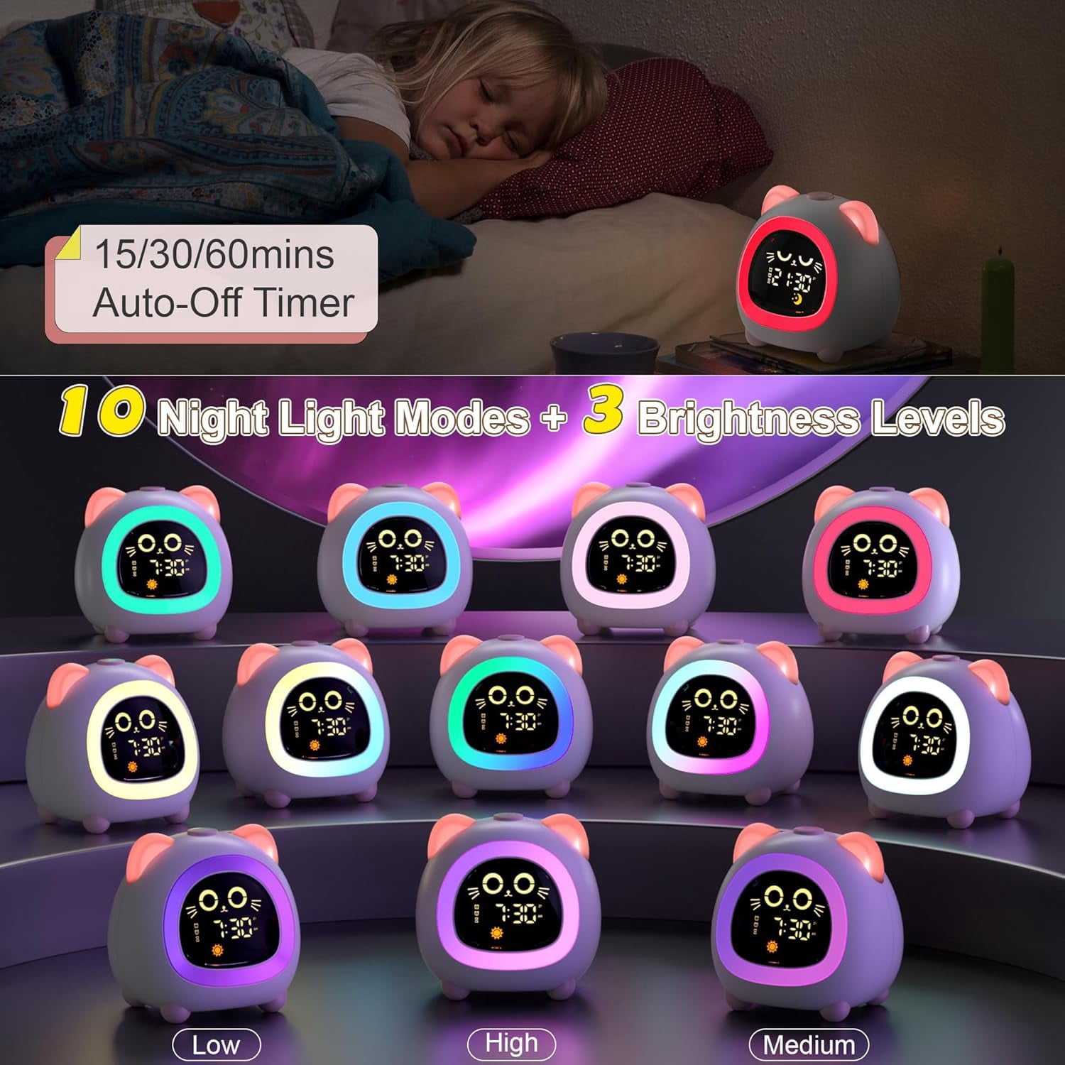 Sailstar Kids Alarm Clock with OK to Wake Light, Sleep Trainer and Dual Alarm, Pink Cat Design