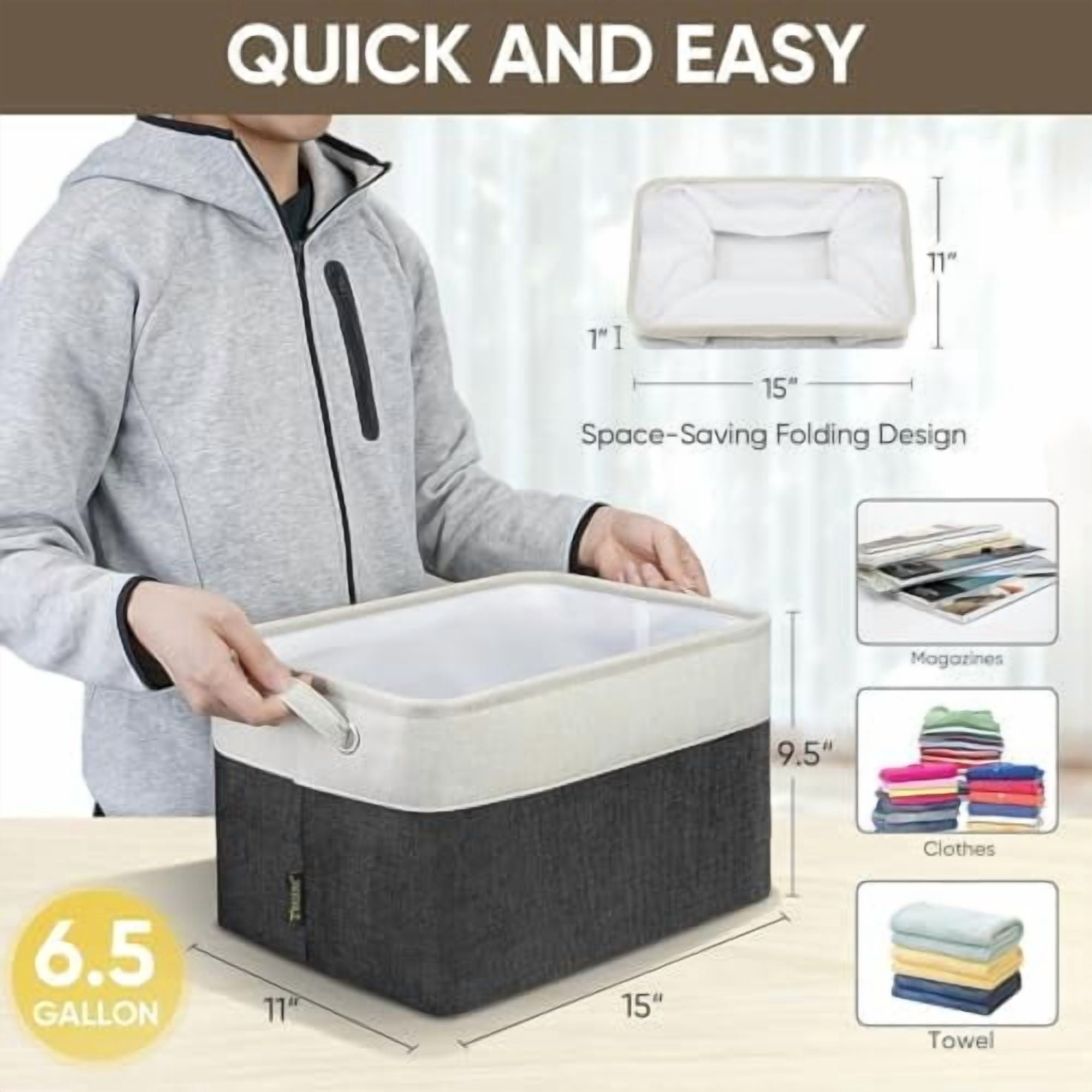 2 Pack Fabric Storage Bins for Shelves, Linen Storage Baskets for Organizing, Decorative Closet Bins for Clothes, Home (Black, 15"x11"x9.5")