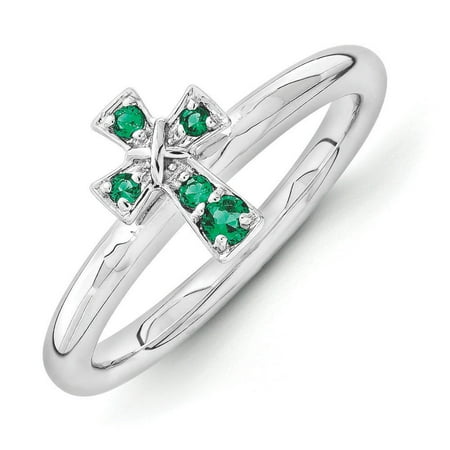 Created Emerald Cross - Rhodium Sterling Silver Stackable Created Emerald 9mm Cross Ring