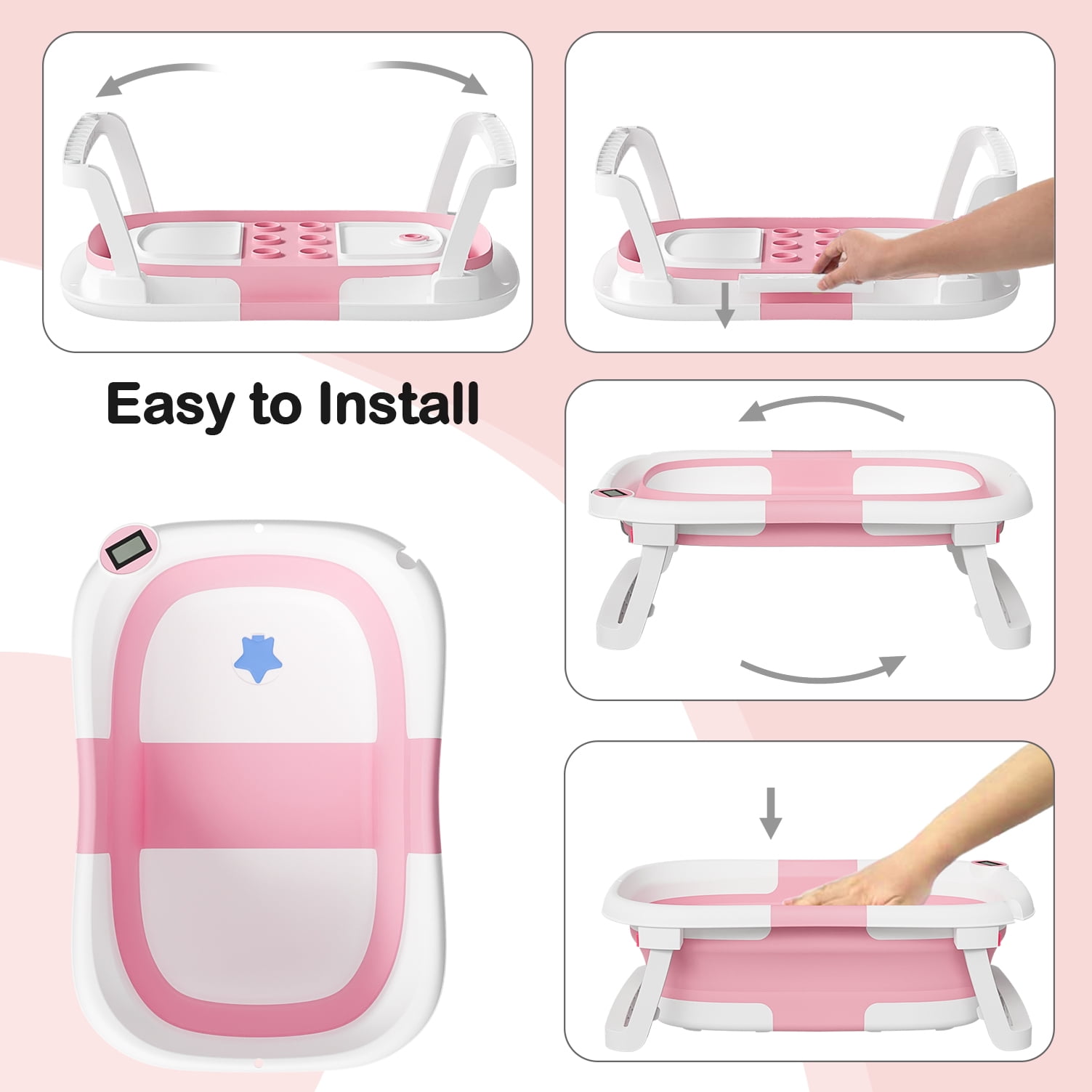 Aprpink Foldable Baby Bathtub PP+TPE with Soft Bath Net&Thermometer for 0-36 Months Toddler Dark Pink