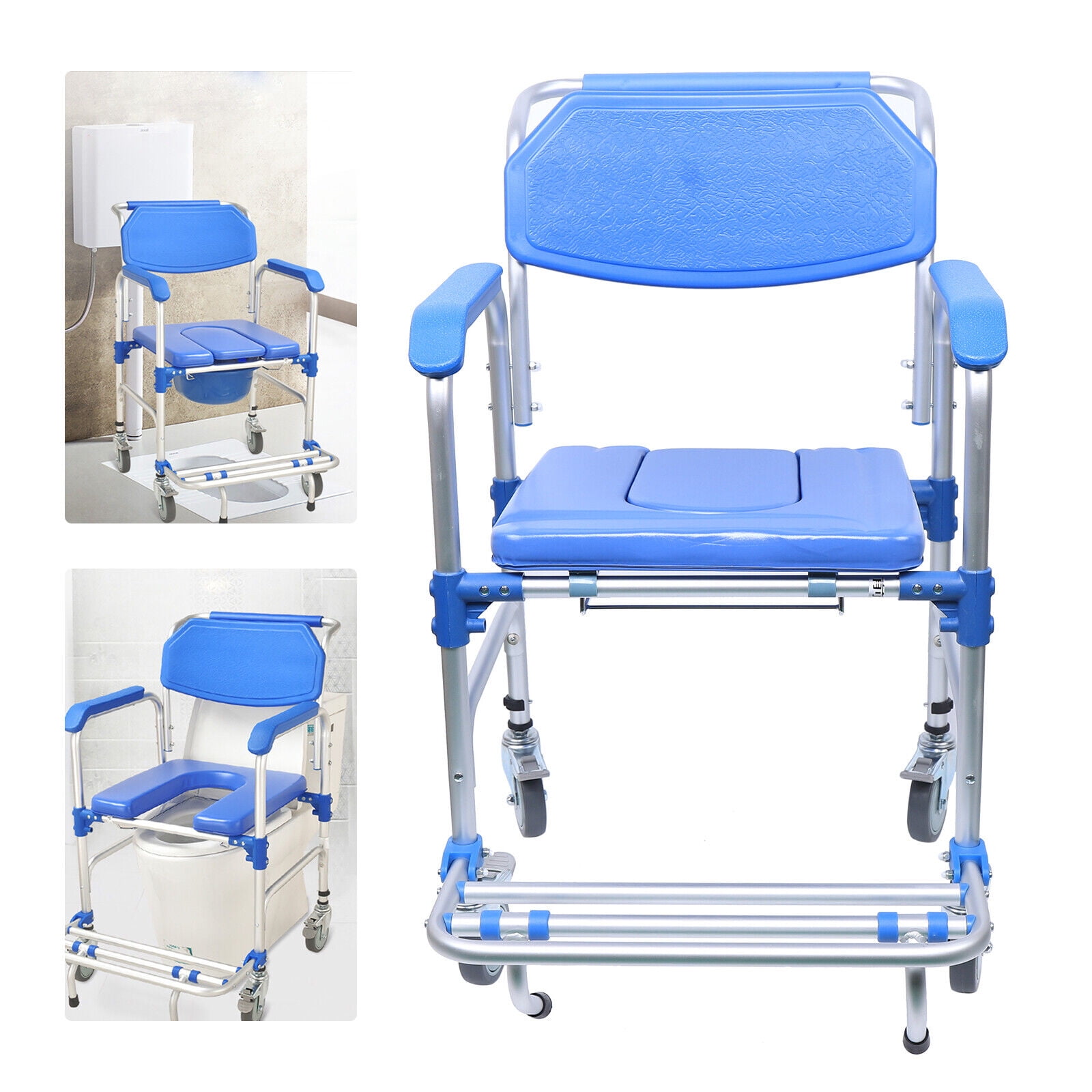 Wuzstar Toilet Rolling Transport Chair 350lb Bedside Commode Chair