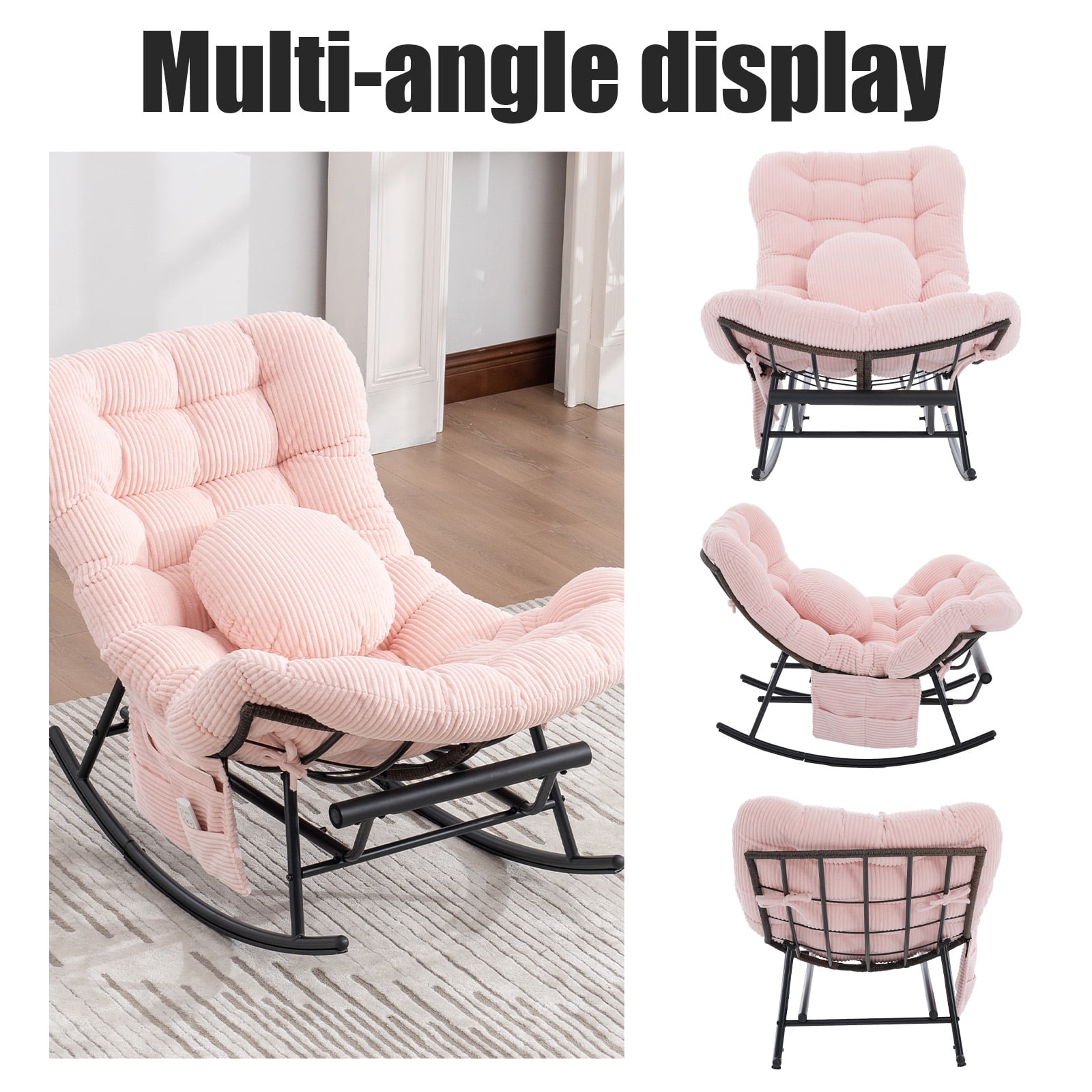 MOONMISS Outdoor Rocking Chair with Footrest, Indoor Oversized Comfort Reading Chair Cover with Cushion, Patio Rocking Chair Lounger,Pink