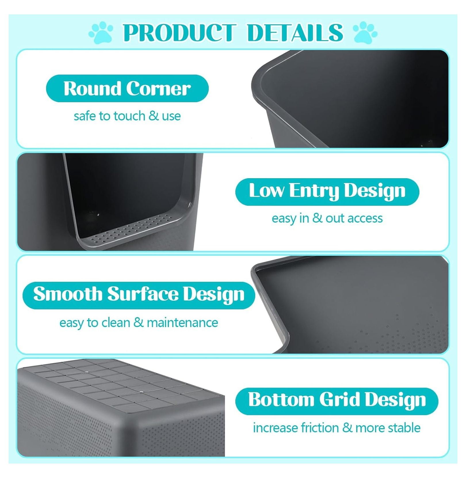 Cat Litter Boxes 2-Pack, Large High-Sided Plastic Cat Litter Pan, Gray - 24.4x15.2x12.7 Inch - Open Top Cat Toilet for Cats & Small Dogs