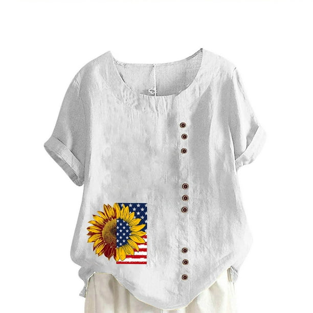 Vestidos Casuales Para Mujer, Blusas De Mujer De Moda Blusa informal de lino con botones y manga corta estampada para mujer