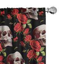 Ambesonne Skull Print Curtains, Roses Scary Gothic Art, Pair of 28"x95", Dark Pink Olive Green