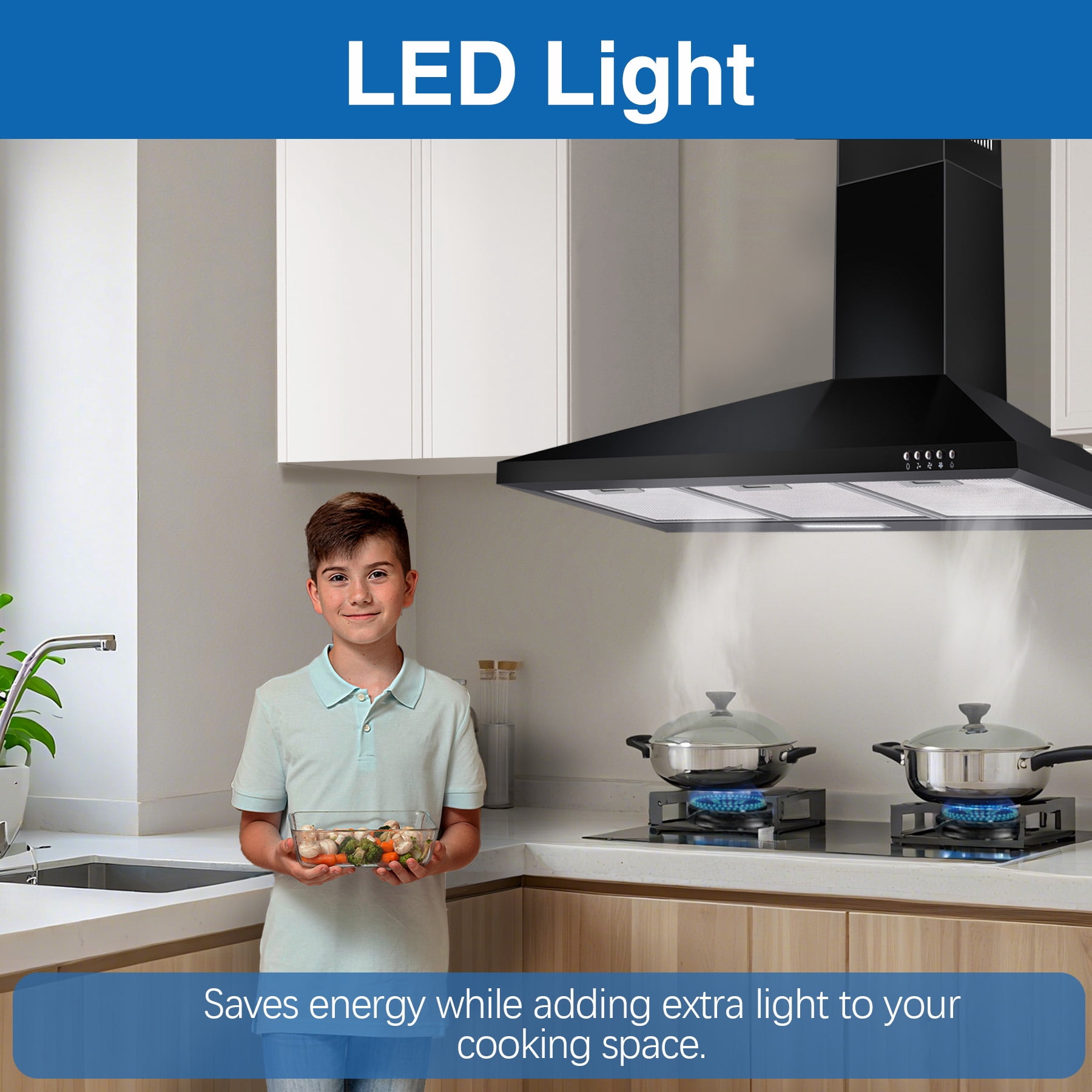 36 Inch Range Hood 450CFM Wall Mount Stainless Steel Kitchen Vent Hood Fan 3 Speed LED Light Chimney Hood Retractable black