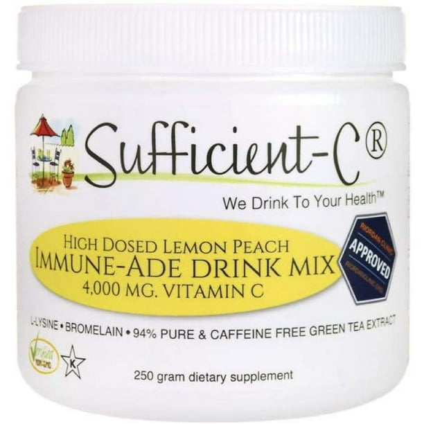 SufficientC High Dose NonGMO Vitamin C Lemon Peach ImmuneAde Drink Mix 250 Grams healthy