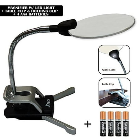 Magnifier With Light - Xtech Highly Flexible 2x Magnifying Glass with LED Light + 5x inset spot Magnifier + Table Clip Mount + 2 Hands-free Adjustable Gooseneck Clamp + 4 AAA Batteries