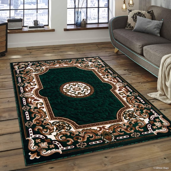 Allstar 5x7 Traditional Area Rug in Green with Ivory Mandala Tibetan design (5' 2" x 7' 1")