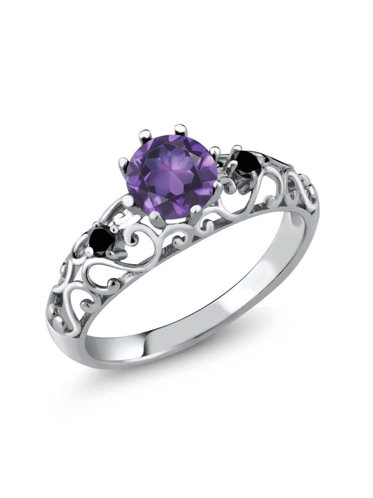 Gem Stone King 1.02 Ct Round Purple Amethyst Black Diamond 925 Sterling Silver Ring