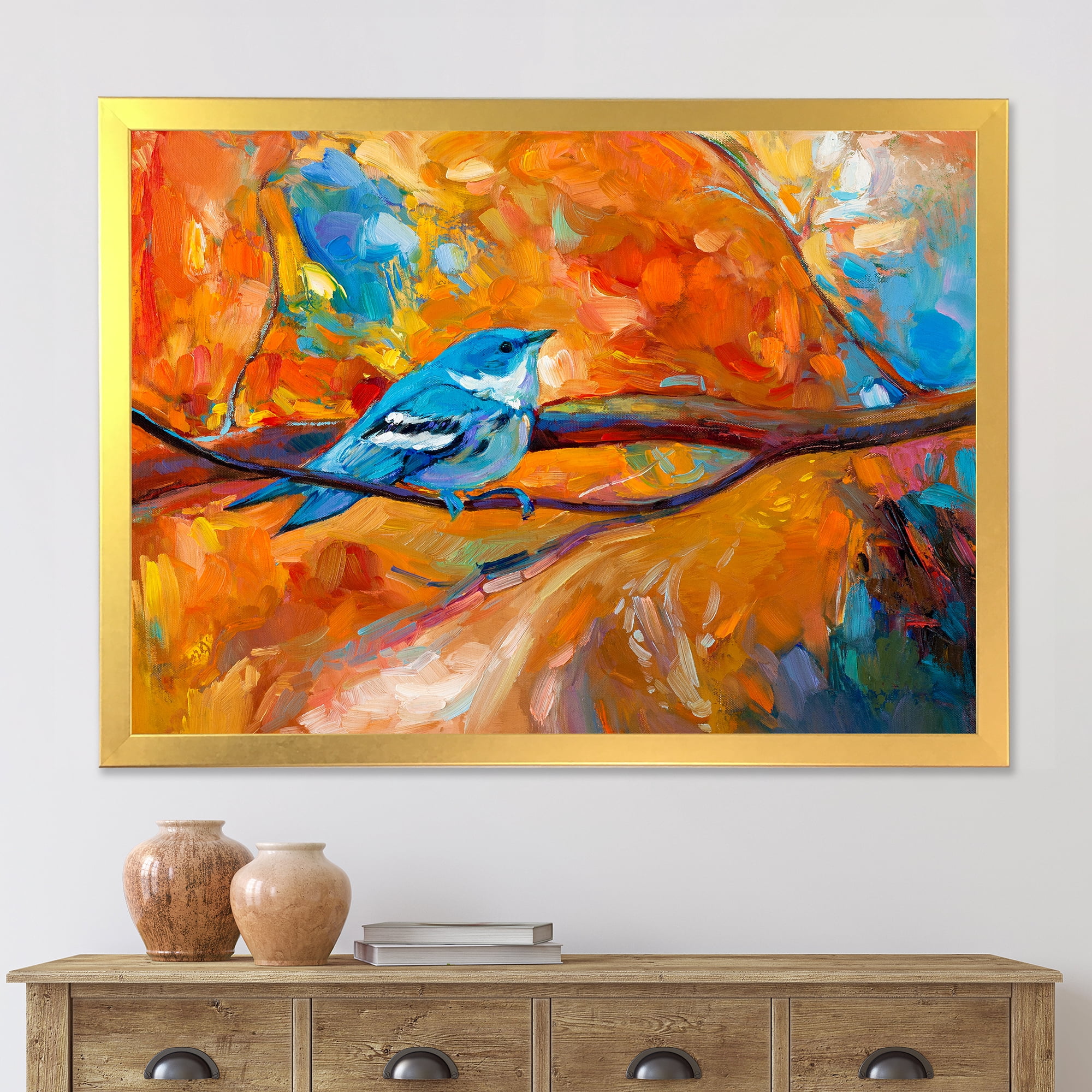 Designart 'Blue Cerulean Warbler Bird Sitting On A Branch' Traditional Framed Art Print