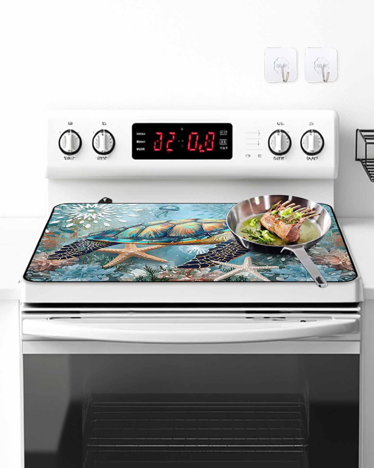 Stove Top Covers for Electric Stove 24x21In, Coastal Sea Turtle Heat Insulation Fireproof Glass Cooktop Protector, Vintage Teal Nautical Beach Botanical Countertop Stovetop Cover for Kitchen