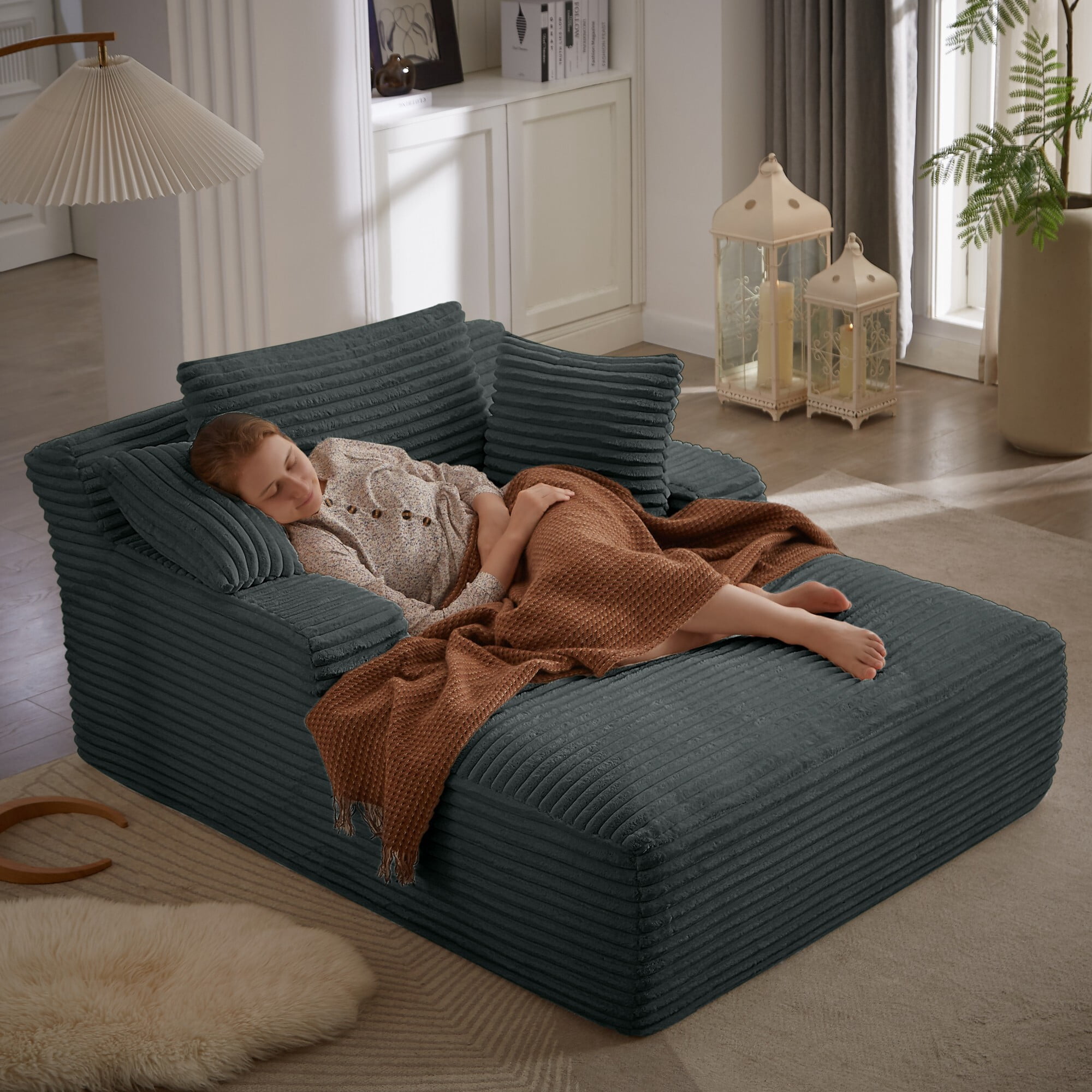 DEALTOPS 66.1" Oversized Comfy Lounge Chair, Corduroy Foam Sofa Chair with Pillows, No Assembly, Living Room or Bedroom, Dark Gray