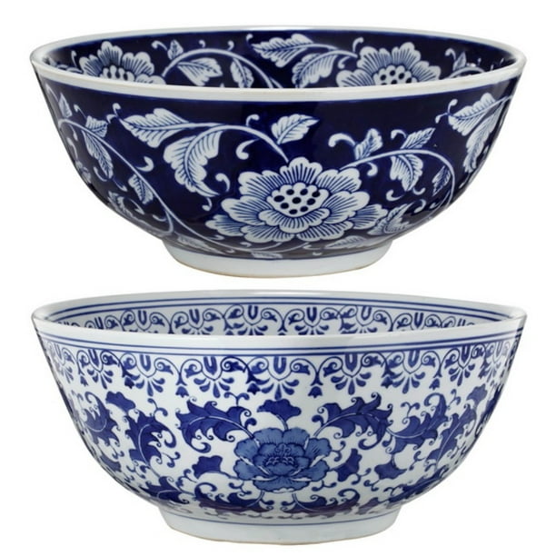 Set Of 2 Ceramic Bowls, Blue And White,