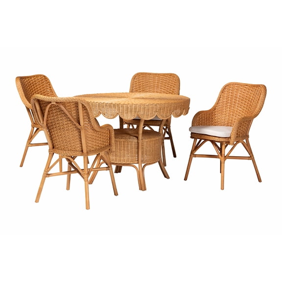 bali & pari Tucson 5-Piece Rattan Dining Set - Round Wicker Table with Scallop Edge and 4 Armchairs, Handwoven Boho Style for Dining, Kitchen or Sun Room, Light Honey