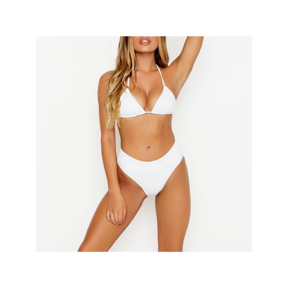 RIS-K Women's White Stretch Lattice-Overlay Bikini Moderate Coverage Desert High Waisted Swimsuit Bottom S