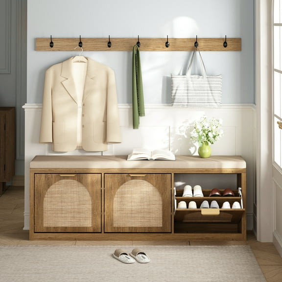 PieDle Shoe Storage Bench with Coat Rack, Arched Rattan Entryway Bench with 3 Drawers, Mid-Century Modern Hallway Cabinet for Foyer