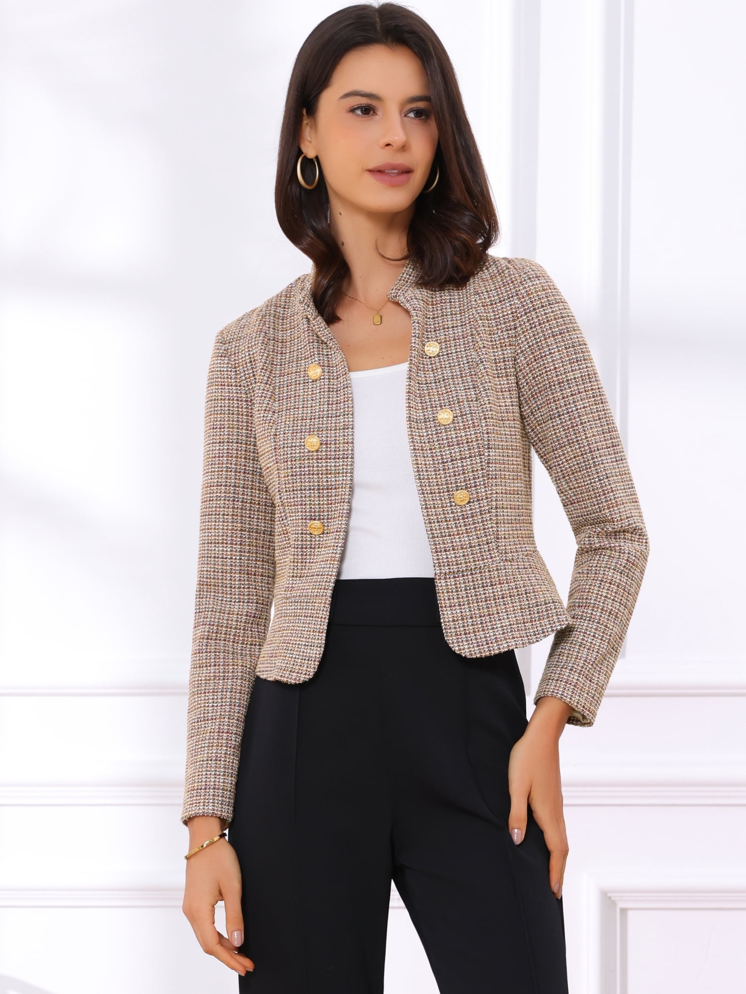 DARING DIVA Women's Comfortable Elegant Plaid Tweed Blazer Band Collar Jacket S Beige