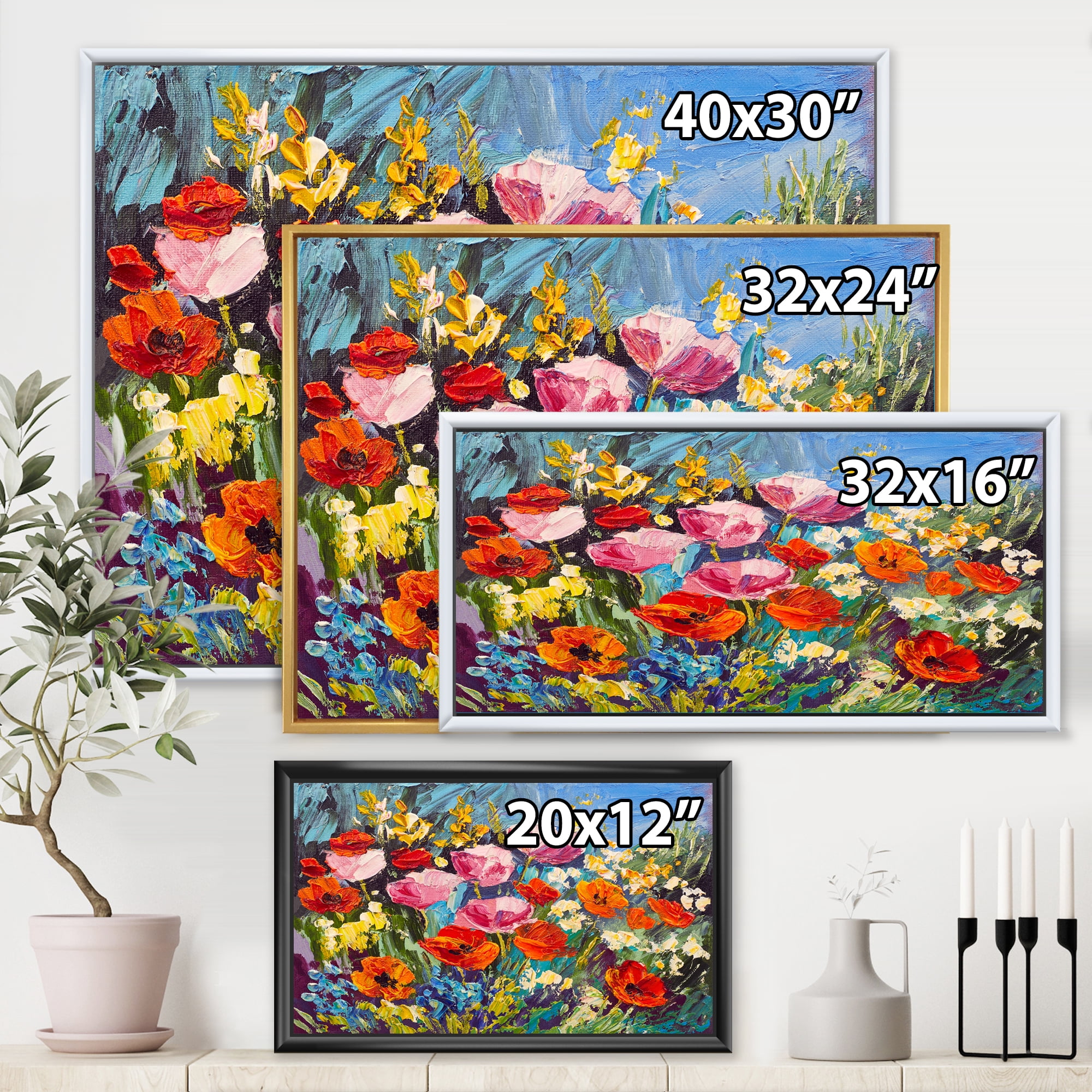 Designart 'Colorful Spring Poppies In Field' Traditional Framed Canvas Wall Art Print
