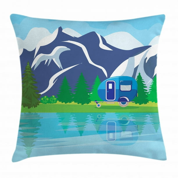Happy Camper Throw Pillow Cushion Cover, Outdoor Activity with Lake