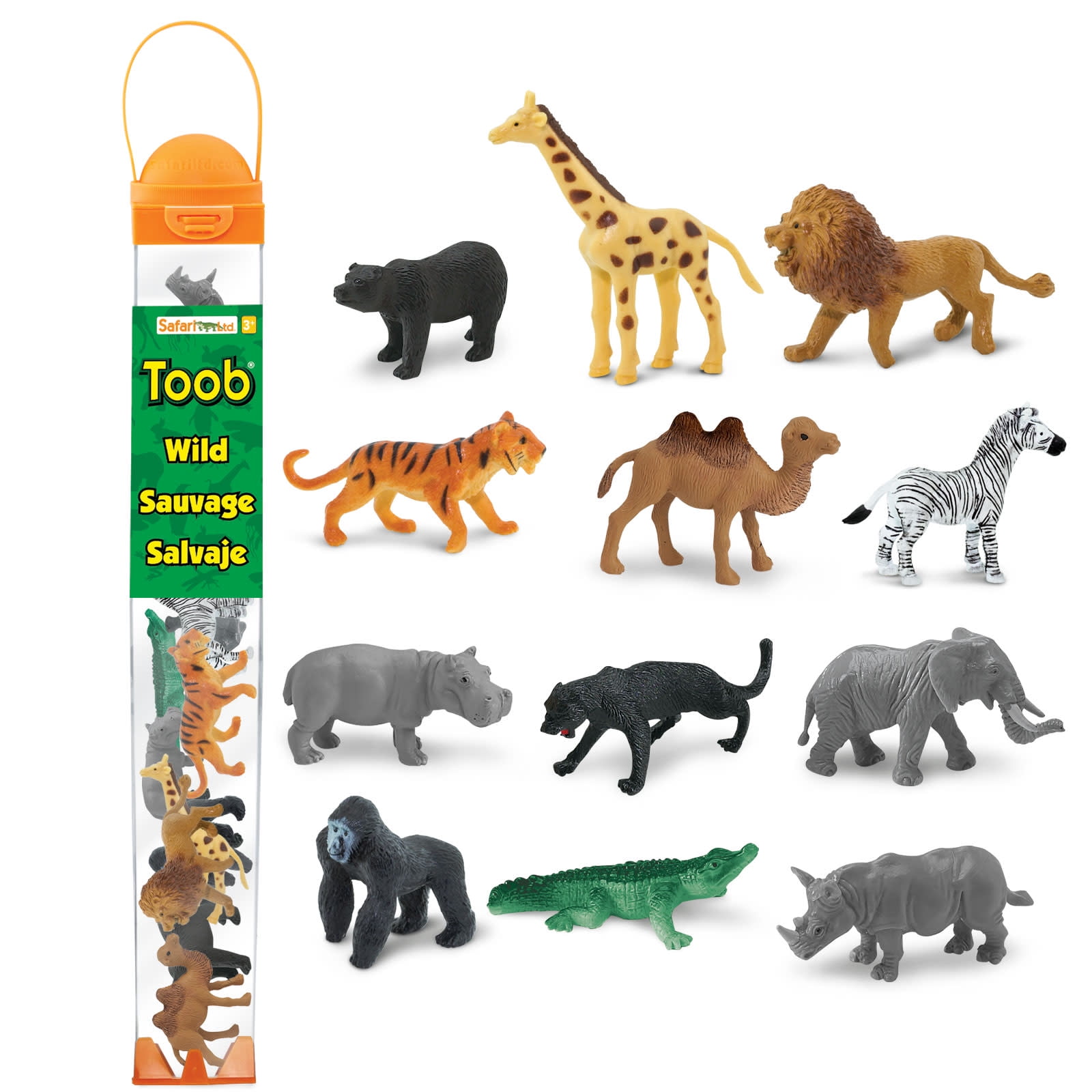 Safari Ltd. Wild TOOB - 12 Mini Figurines: Giraffe, Bear, Tiger, Camel, Lion, Crocodile, Gorilla, Hippo, Rhino, Zebra, Panther, Elephant - Educational Toy Figures For Boys, Girls & Kids Ages 3+