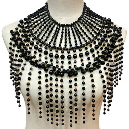 Exaggerated Layered Jewelry Shoulder Body Chain Harness Imitation Pearl Beaded Fringed Tassel Bib Choker Necklace Wedding Dress Fake Collar Accessories