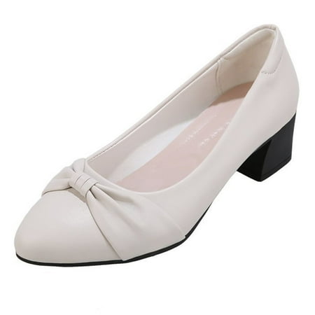 

Pumps for Women Women s Shoes Fashion Bow Thick Heel Comfortable Pointed Toe Slip-on Casual Shoes PU Dress Sandals for Women White