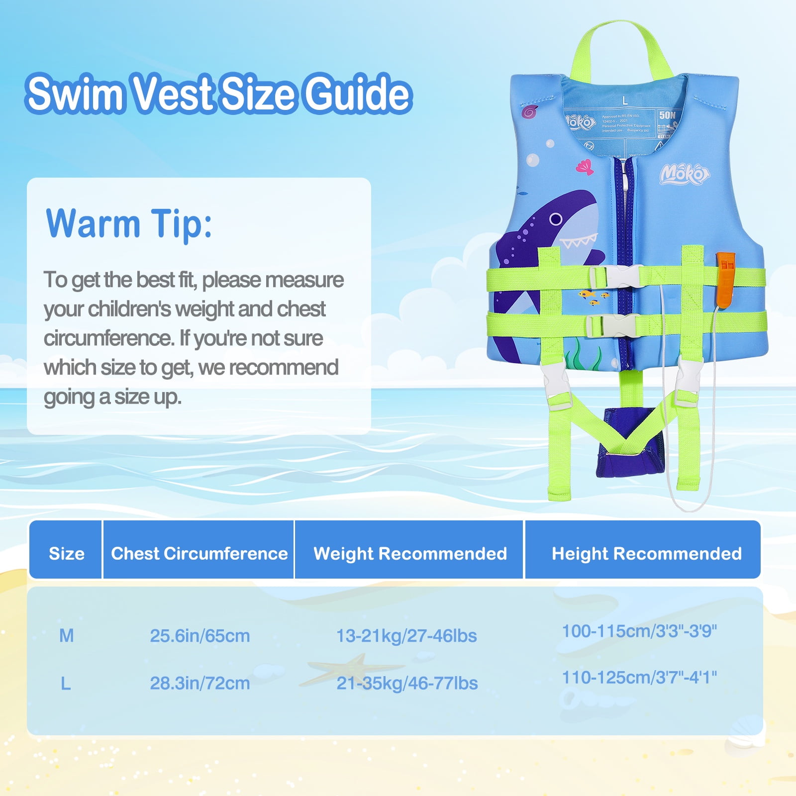 MoKo Kids Swim Vest for Boys Girls, Swimming Training Life Float Jacket Swimsuit for 46-77 lbs, L Size,Blue Shark