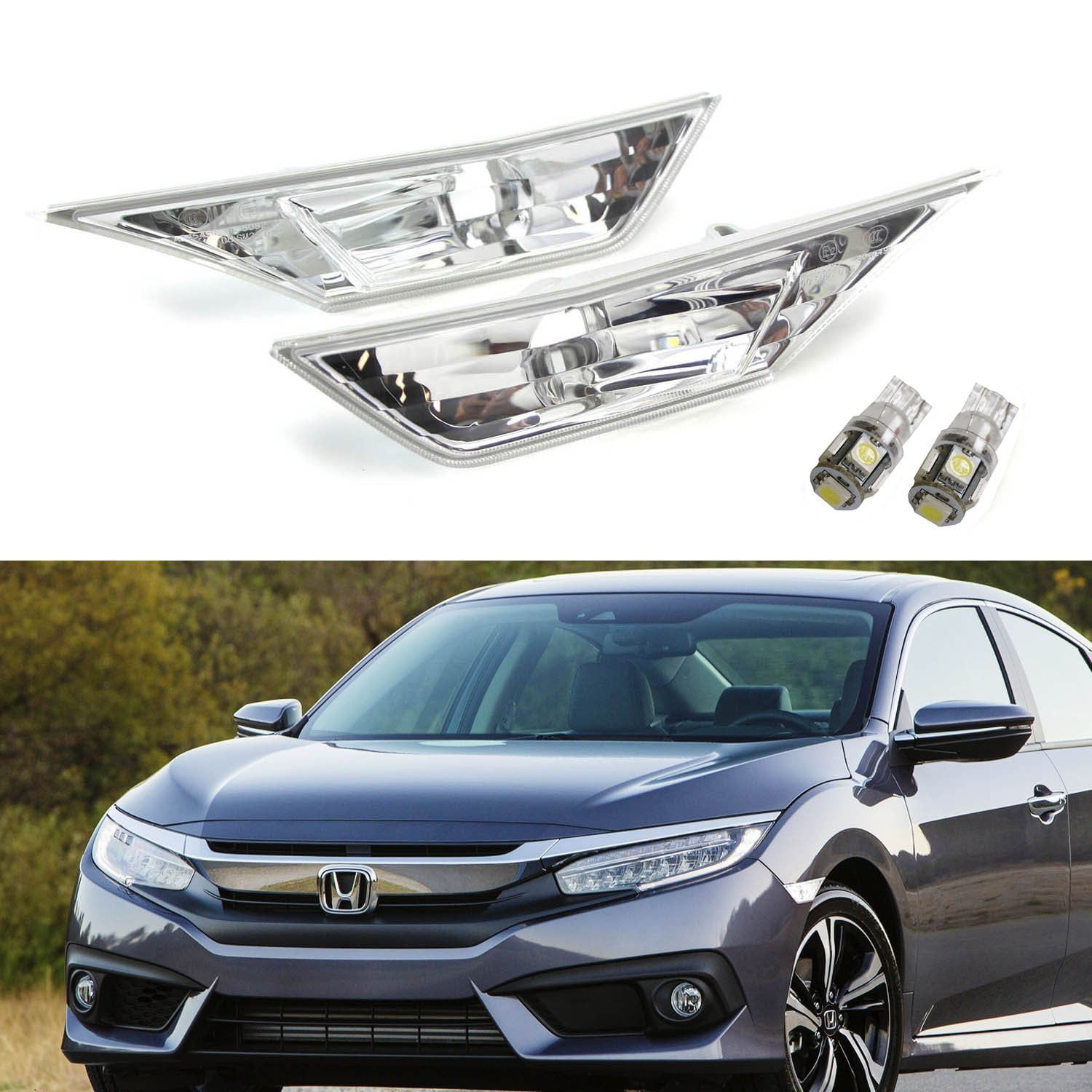 Replace OEM Amber Sidemarker Lamps iJDMTOY JDM Clear Lens Front Side Marker Light Lens Housings Compatible With 2016-up Honda Civic Sedan/Coupe/Hatchback 
